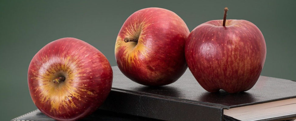 Red apples on top of a stack of books with scissors and chalk next to them